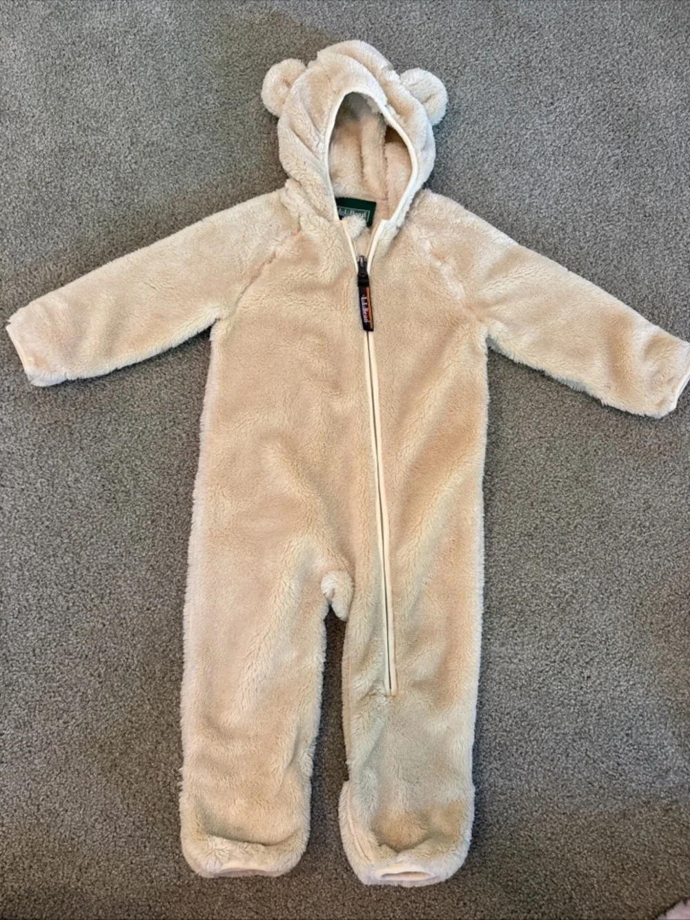LL Bean Baby Bear Full Zip Sherpa 6-12 Mo Beige Fleece Bunting Snowsuit